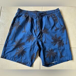 Manfinity Men’s Blue Coconut Tree Print Drawstring Waist Swim Trunks Sz L